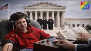 Illustration of a minor undergoing conversion therapy with the U.S. Supreme Court in the background, representing the controversial ruling impacting LGBTQ youth protections