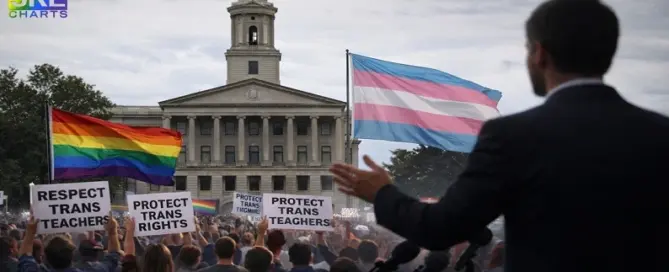 LGBTQ protesters holding pride and transgender flags outside the Tennessee State Capitol in Nashville during demonstrations over a proposed transgender teacher bill