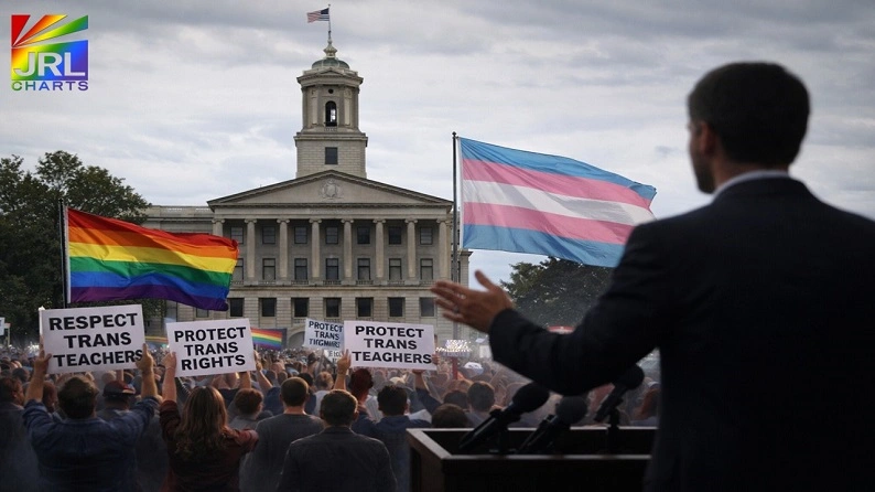 LGBTQ protesters holding pride and transgender flags outside the Tennessee State Capitol in Nashville during demonstrations over a proposed transgender teacher bill