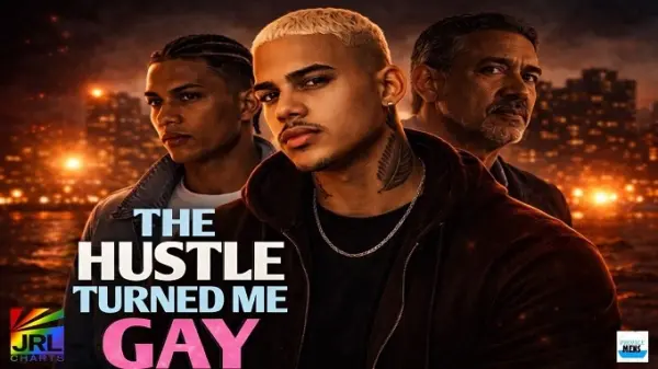 Promotional poster for the LGBT crime thriller The Hustle Turned Me Gay (2026) featuring Andre, Lucas and Rafeal against a dramatic Los Angeles skyline.