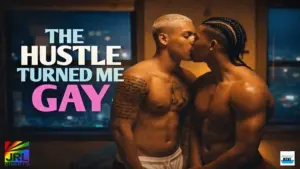 Two men share an intimate kiss in the gritty LGBT crime thriller The Hustle Turned Me Gay (2026) set in Los Angeles.
