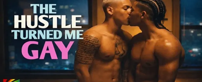 Two men share an intimate kiss in the gritty LGBT crime thriller The Hustle Turned Me Gay (2026) set in Los Angeles.