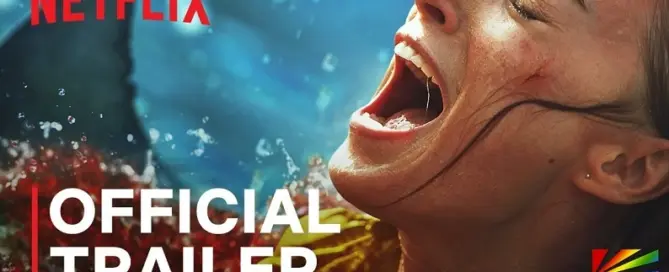 Thrash 2026 Netflix shark attack thriller starring Phoebe Dynevor during hurricane disaster scene