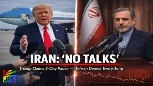 Donald Trump speaks to reporters near Air Force One while Iranian Foreign Minister Abbas Araghchi delivers a serious statement denying peace talks between the United States and Iran