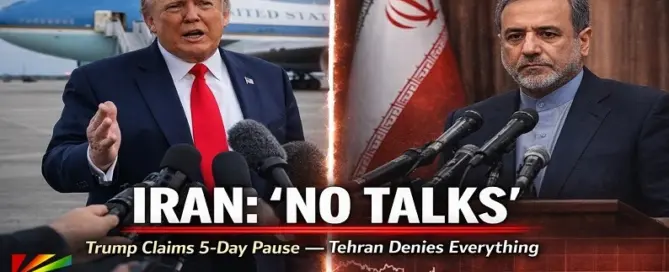 Donald Trump speaks to reporters near Air Force One while Iranian Foreign Minister Abbas Araghchi delivers a serious statement denying peace talks between the United States and Iran