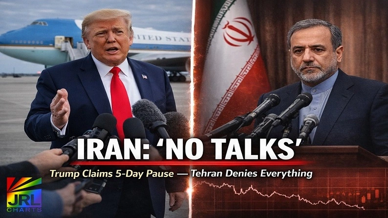 Donald Trump speaks to reporters near Air Force One while Iranian Foreign Minister Abbas Araghchi delivers a serious statement denying peace talks between the United States and Iran
