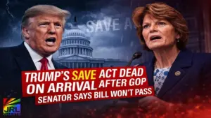Donald Trump and Senator Lisa Murkowski appear in a political news graphic about the SAVE Act voter ID bill facing defeat in the U.S. Senate.