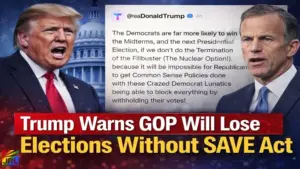 Donald Trump warns Republicans they will lose elections without the SAVE Act in a Truth Social post, with Senate leadership opposition highlighted