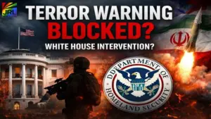 White House and Homeland Security imagery with Iranian missile launch illustrating report that Trump administration blocked a homeland security terror warning during the Iran war.