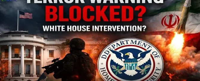 White House and Homeland Security imagery with Iranian missile launch illustrating report that Trump administration blocked a homeland security terror warning during the Iran war.