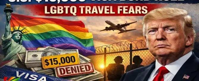Graphic illustration showing the US $15,000 visa bond rule introduced under Donald Trump, highlighting concerns among LGBTQ travelers from restricted countries seeking entry into the United States.