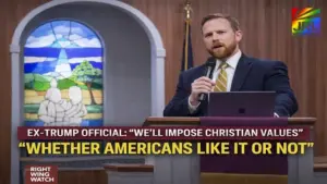 Former Trump administration official William Wolfe speaking at a church podium where he said Christian nationalists would impose biblical morality on the United States whether Americans like it or not.