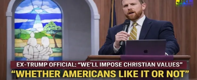 Former Trump administration official William Wolfe speaking at a church podium where he said Christian nationalists would impose biblical morality on the United States whether Americans like it or not.