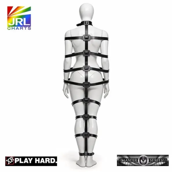 Back view of the XR Brands Backbone Full Body Harness displayed on a mannequin showing the adjustable strap spine design from the Master Series collection.