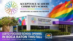 Acceptance Academy LGBTQ-focused school building in Boca Raton Florida with rainbow pride flag representing inclusive education environment
