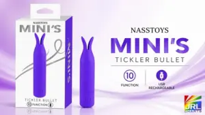 Nasstoys Mini’s Tickler Bullet in purple with packaging displayed, featuring 10 vibration functions and USB rechargeable design