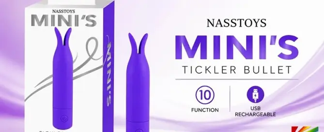 Nasstoys Mini’s Tickler Bullet in purple with packaging displayed, featuring 10 vibration functions and USB rechargeable design