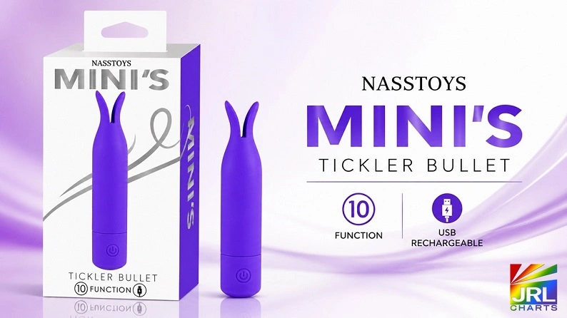 Nasstoys Mini’s Tickler Bullet in purple with packaging displayed, featuring 10 vibration functions and USB rechargeable design