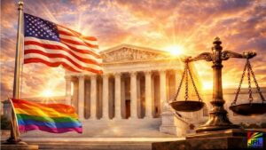 U.S. Supreme Court building with American and LGBTQ pride flags symbolizing court decision rejecting anti-LGBTQ parental rights appeal in trans student case