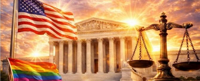 U.S. Supreme Court building with American and LGBTQ pride flags symbolizing court decision rejecting anti-LGBTQ parental rights appeal in trans student case