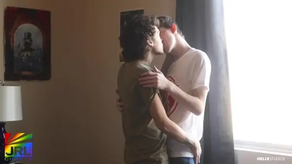 Asher Tyson and CJ Parker kissing in scene from Helix Studios Introducing Asher Tyson