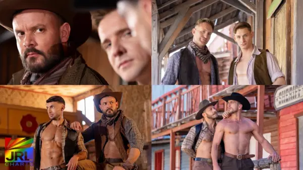 Screenclip from Ashes Before Dawn showing Sir Peter and cast in Western-inspired scenes filmed in Spain