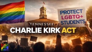 Tennessee State Capitol with LGBTQ+ protest imagery and “Charlie Kirk Act” headline representing campus free speech and student rights debate