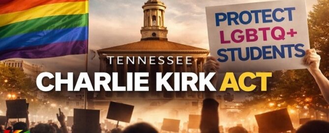 Tennessee State Capitol with LGBTQ+ protest imagery and “Charlie Kirk Act” headline representing campus free speech and student rights debate