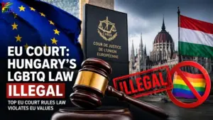 EU court ruling graphic showing judge gavel, European Union flag, Hungary flag, and LGBTQ law decision