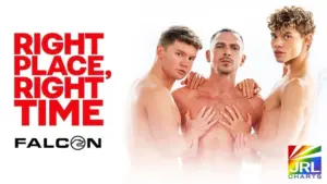 Cast from Falcon Studios Right Place Right Time film featuring lead actors in studio promotional image