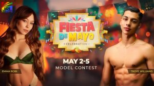 Fiesta de Mayo model contest promotional image featuring Flirt4Free live event with performers and celebration theme