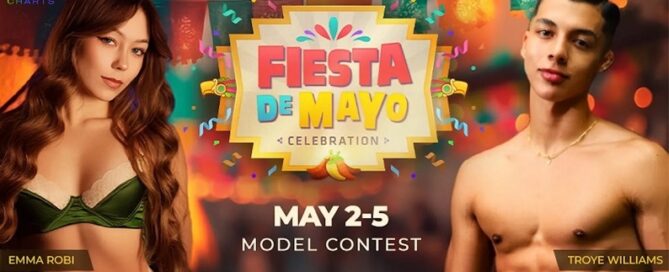 Fiesta de Mayo model contest promotional image featuring Flirt4Free live event with performers and celebration theme