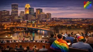 Minneapolis skyline and city council meeting discussing bathhouse legalization and LGBTQ public health policy
