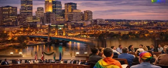 Minneapolis skyline and city council meeting discussing bathhouse legalization and LGBTQ public health policy