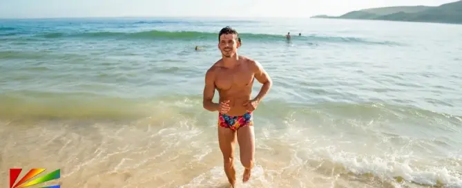 Model wearing floral Daisies Swimwear Line by MODUS VIVENDI in Salty Blossoms campaign under Brazilian beach sun