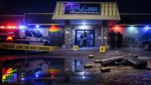 Police investigate shooting outside Pulse Ultra Club in Myrtle Beach with crime scene tape, patrol car lights, and evidence markers visible