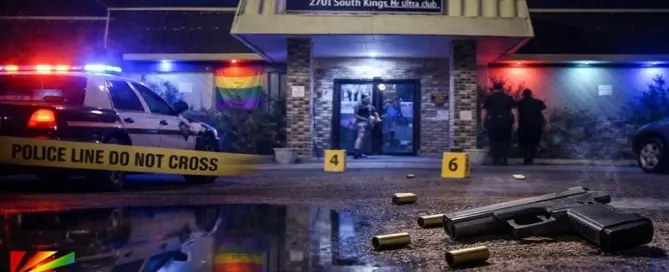 Police investigate shooting outside Pulse Ultra Club in Myrtle Beach with crime scene tape, patrol car lights, and evidence markers visible