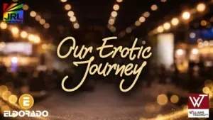Our Erotic Journey logo displayed at Altitude Intimates 2026 trade show in Las Vegas with luxury event backdrop