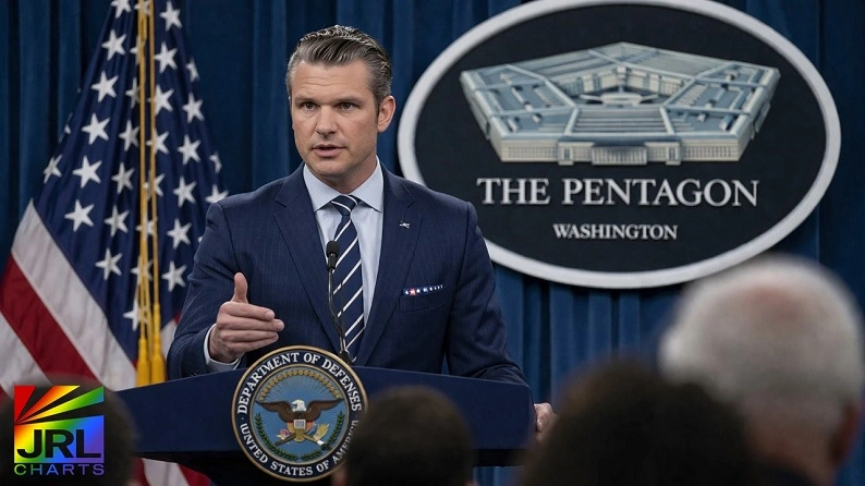 Pete Hegseth speaks at a Pentagon press briefing discussing U.S. military draft registration policy alongside a senior military official