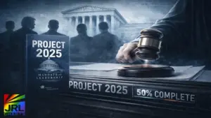 Project 2025 50 percent complete with Supreme Court gavel and policy manual