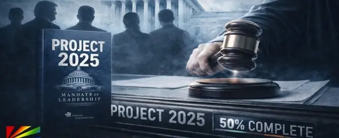 Project 2025 50 percent complete with Supreme Court gavel and policy manual