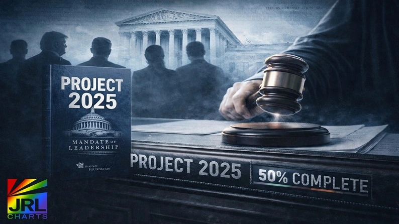 Project 2025 50 percent complete with Supreme Court gavel and policy manual
