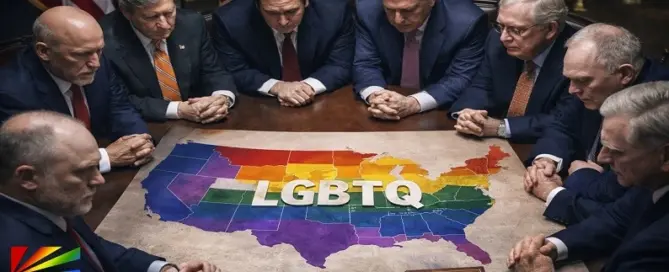 Political leaders reviewing U.S. map with LGBTQ focus during strategic meeting ahead of 2026 midterm elections