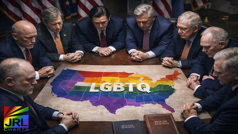 Political leaders reviewing U.S. map with LGBTQ focus during strategic meeting ahead of 2026 midterm elections