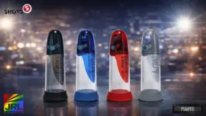 SHOTS America PUMPED Aqua-Pro AI-enabled men’s wellness device in multiple colors displayed in a professional retail showcase setting