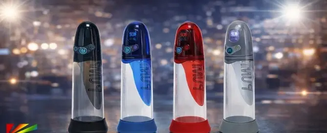 SHOTS America PUMPED Aqua-Pro AI-enabled men’s wellness device in multiple colors displayed in a professional retail showcase setting