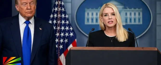 Donald Trump and Pam Bondi during White House briefing amid reports of attorney general firing featured by JRL CHARTS