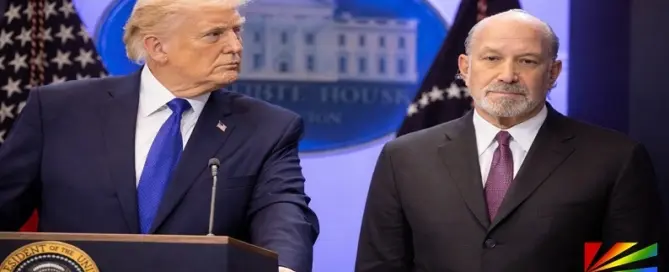 Donald Trump stands at podium beside Howard Lutnick in the White House during cabinet shake-up discussions in 2026