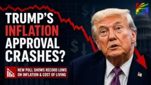 Donald Trump portrait with declining chart showing falling inflation approval ratings and economic concern among voters