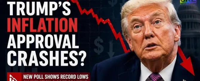 Donald Trump portrait with declining chart showing falling inflation approval ratings and economic concern among voters